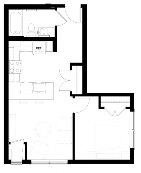 Floor plan for 1 bed, 1 bath, 524 sqft